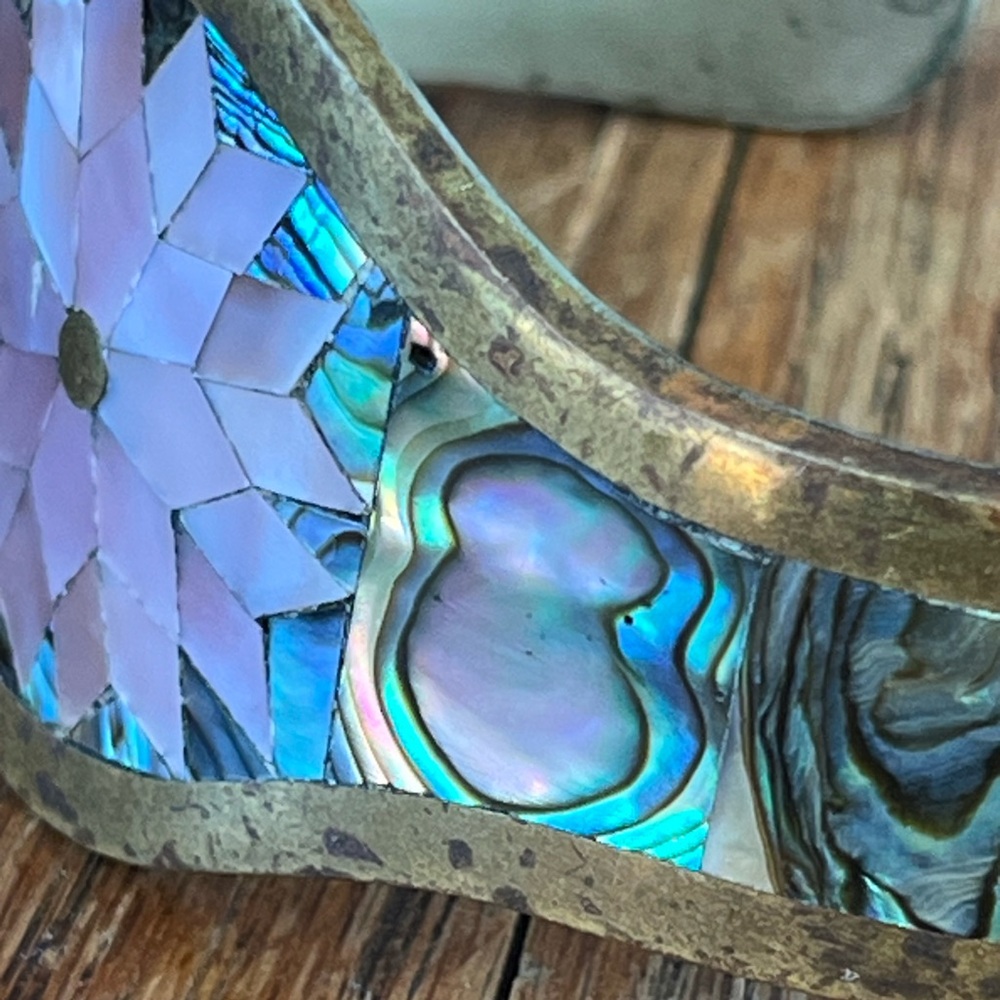 VINTAGE BRACELET abalone flower Mexican cuff - Picture 12 of 16